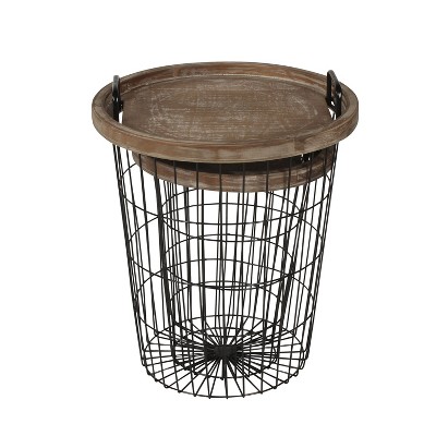 Rustic Brown and Black Round Wood & Metal Nesting End Tables, 2-Piece Set