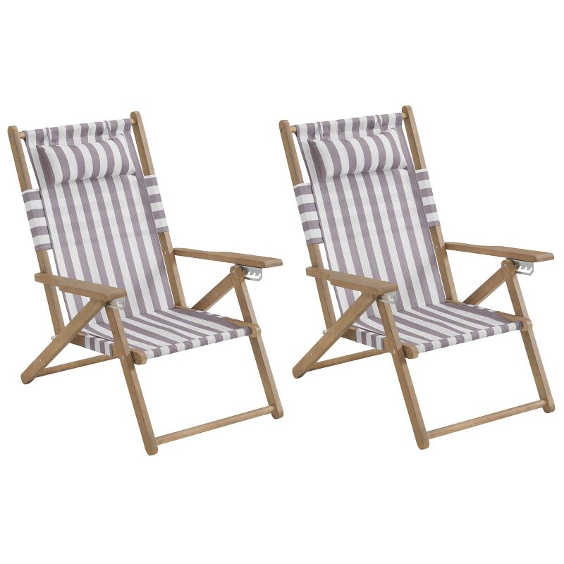 Set of 2 Beach Chairs - Outdoor Weather-Resistant Wood Folding Chairs with Carry Straps and Reclining Seat - Beach Essentials by Lavish Home (Taupe), 1 of 2