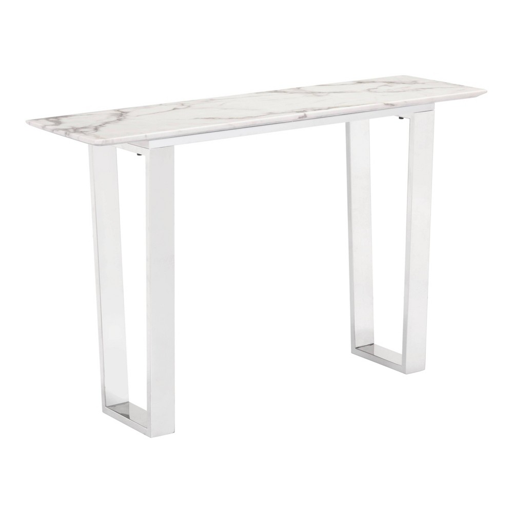 Photos - Coffee Table Modern Rectangular Faux Marble Console Table - Stone, Brushed Stainless St