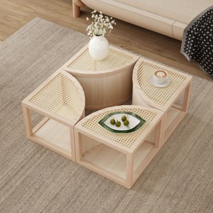 Modular Rattan Coffee Table,4-Piece Convertible Round to Square Table with Storage and Solid Wood Frame for Living Room-Baofuwish - 1 of 4