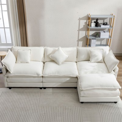 Whisen Modern Luxury L-Shape Chenille Upholstered Sectional Sofa Couch with Ottoman and 5 Pillows
