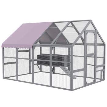 PawHut 9.2' x 6.1' Large Chicken Coop with Nesting Box, Water-Resistant and Anti-UV Cover, Door for 8-12 Chickens, Ducks, Rabbits, Gray