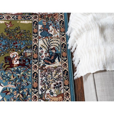 Blue and Tan Floral Synthetic Indoor Runner Rug
