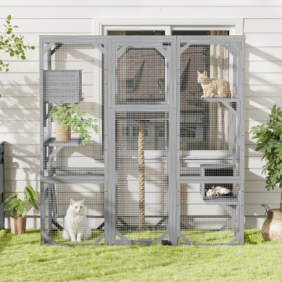 Outdoor Wooden Cat Catio Enclosure with Platforms and 2 Condos,68" Walk-in Cat House Playpen for 1–3 Cats-LAOTIES