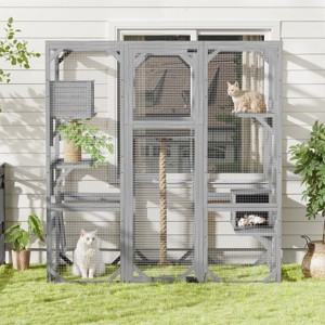 Outdoor Wooden Cat Catio Enclosure with Platforms and 2 Condos,68" Walk-in Cat House Playpen for 1–3 Cats-LAOTIES - 1 of 4
