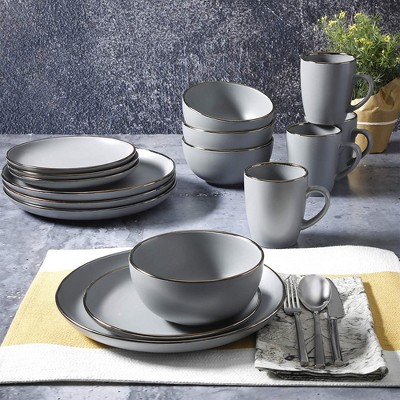 Gray and Gold Rim Ceramic Dinnerware Set, Service for 4