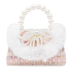 Girls Pearl Ribbon Handbag – Luxe Faux Fur Purse with Pearl Handle & Bow Detail | Dress-Up & Special Occasion Bag - 1 of 4
