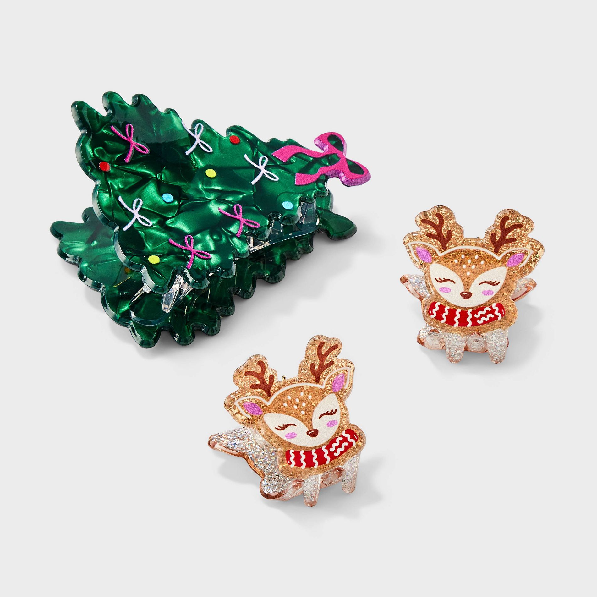 Girls' Holiday Deer and Tree Hair Clips 3pc - Cat & Jack™ Brown/Green