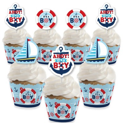 Big Dot of Happiness Ahoy It's a Boy - Cupcake Decoration - Nautical Baby Shower Cupcake Wrappers and Treat Picks Kit - Set of 24