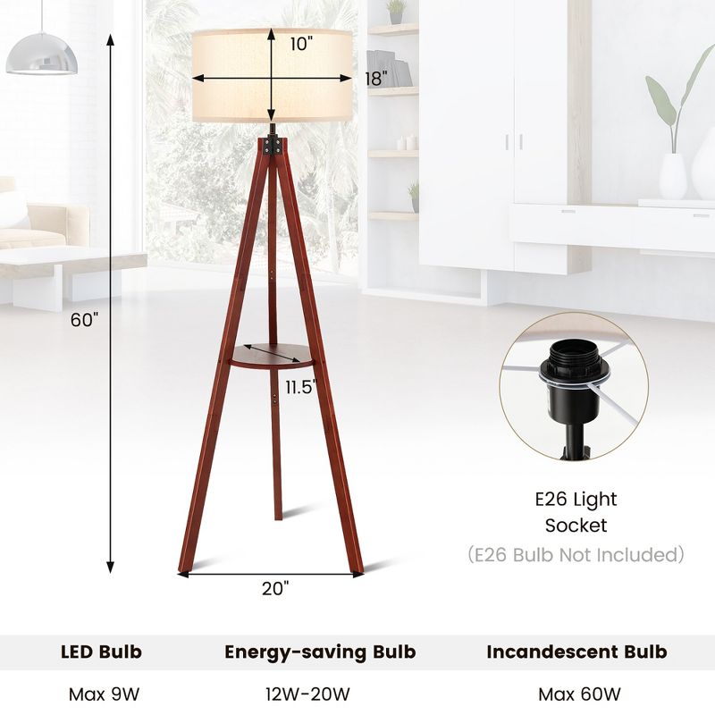 Tangkula Tripod Floor Lamp Wood Standing Lamp w/ Flaxen Lamp Shade and E26 Lamp Base, 3 of 11