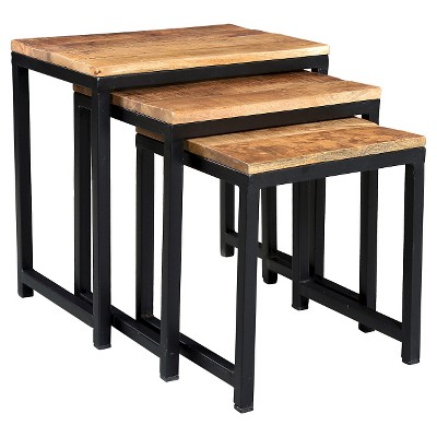 3pc Wood and Iron Nest of Tables Natural - Timbergirl