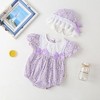 MyKids-USA Baby Girl Floral Pattern Lace Patchwork Round Collar Short-Sleeved Colorful Cotton Onesies With Hat - 3 of 4