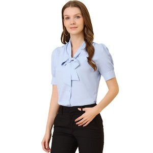 Allegra K Women's Elegant Puff Sleeve Peasant Office Bow Tie Neck Blouse - 1 of 4