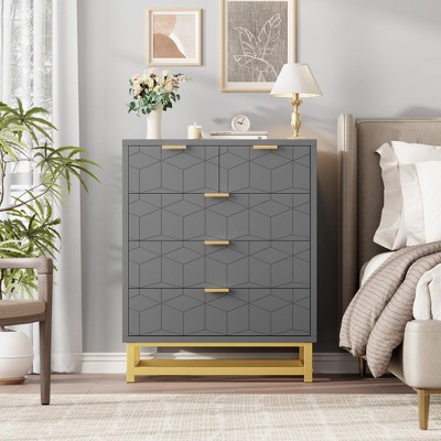 5-Drawer Dresser for Bedroom – Modern White Chest with Gold Metal Legs & Handles