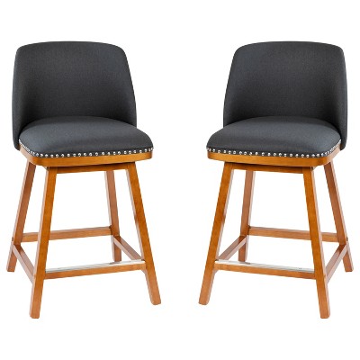 Set of 2 Charcoal Faux Linen Upholstered Counter Stools with Walnut Wood Frame