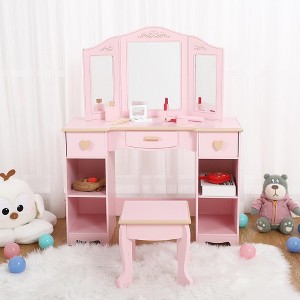 Kids Vanity, Princess Makeup Vanity Storage Cabinet with Tri-Fold Mirror and Stool, Pretend Play Vanity Set with Storage for Little Girls 4-9, Pink - 1 of 4