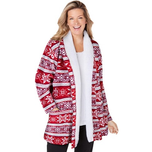 Dreams & Co. Women's Plus Size High Pile Fleece Lined Collar Microfleece  Bed Jacket - M, Classic Red Fair Isle : Target