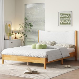 Whisen Queen Size Rubber Wooden Bed with Teddy Velvet Cushion Upholstered Headboard - Beech White - 1 of 4