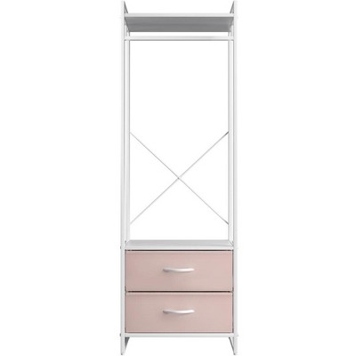 Pink and White Portable Steel Clothing Rack with Wood Top and Drawers