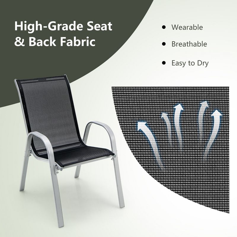 Tangkula 4PCS Patio Stacking Dining Chairs w/ Curved Armrests & Breathable Seat Fabric, 4 of 11