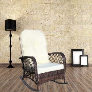FATMOON Outdoor Wicker Rocking Chair with Wide Seat, Thick Cushion, Rattan Rocker w/Steel Frame, Weight Capacity for Patio, Garden - 1 of 4