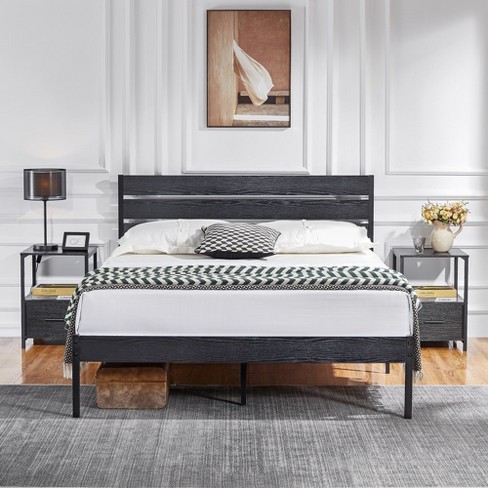 Vecelo Platform Full Bed Frame With Rustic Vintage Wood Headboard And ...