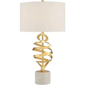 Possini Euro Design Helix Modern Table Lamp 30" Tall Sculptural Brass Metal Open Ribbon White Linen Drum Shade Bedroom for Bedroom Living Room Bedside
