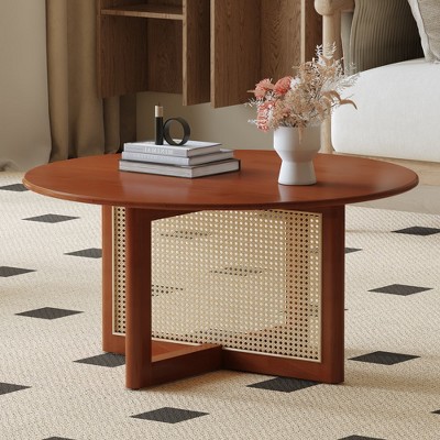 Modern Round Coffee Table with Faux Rattan Detail and Cross Base Stylish Accent Table with Natural Look for Contemporary Interiors-The Pop Home