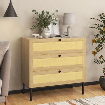 Rattan Dresser, Boho Dresser with 3 Drawers, Modern Dresser with Iron Legs, Accent End Table