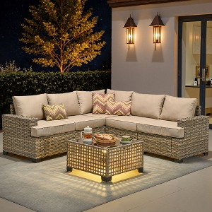 XIZZI All-Weather Rattan Furniture, Sectional Sets w/ Optional Solar Light-Up Coffee Table & Ottoman, Choose 6-9pc Configs in 8 Fade Resistant Colors - 1 of 4