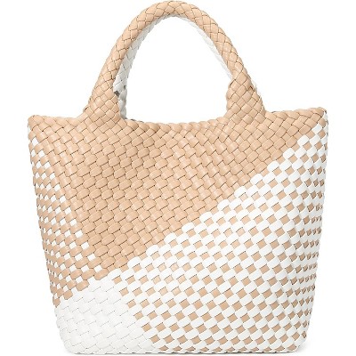 Paaaawaters Woven Bag for Women, Vegan Leather Tote Bag Large Summer Beach Travel Handbag