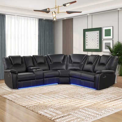CIPACHO Modern Faux Leather Manual Reclining with Center Console with LED Light Strip,PU Symmetrical Couch with 2 Cup Holders and Storage ,Black