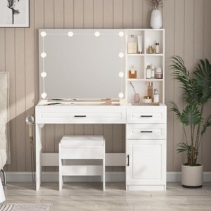 Vanity Desk Set with Lights and Mirror, Glass Top Vanity Table with 3 Lighting Modes - 1 of 4