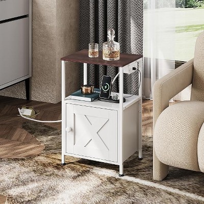 GALAXHERO Farmhouse End Table with Charging Station, Bedside Table with Open Shelf and Cabinet, Small Nightstand for Bedroom or Living Room
