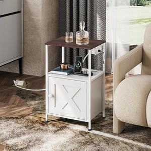 GALAXHERO Farmhouse End Table with Charging Station, Bedside Table with Open Shelf and Cabinet, Small Nightstand for Bedroom or Living Room - 1 of 4