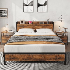Full Size Bed Frame Charging Station with 2 USB Ports & 2 AC Outlets, Heavy Duty Metal Bed Frame with Wooden Headboard and Footboard - 1 of 4