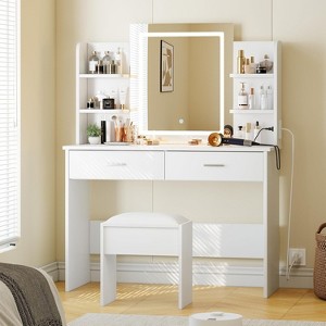 Vanity Set with LED Mirror & Stool - 2 Drawers, 4 Shelves, Power Outlet, 3-Color Stepless Dimming for Bedroom - 1 of 4