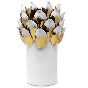 HomeRoots 10" White Leaf Tulip Porcelain Table Vase With Sculptural Details - 1 of 4