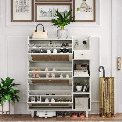 Fontoi Decorative Storage Cabinets, Storage Cabinet with 3 Rattan Flip Drawers, 3 Shelves and 1 Storage Drawer for Entryway, White, 9.3"*49.2"*36.6"