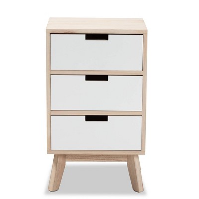 Halian Two-Tone Wood 3 Drawer Nightstand White/Light Brown - Baxton Studio: Scandinavian Style, MDF & Paulownia Frame
