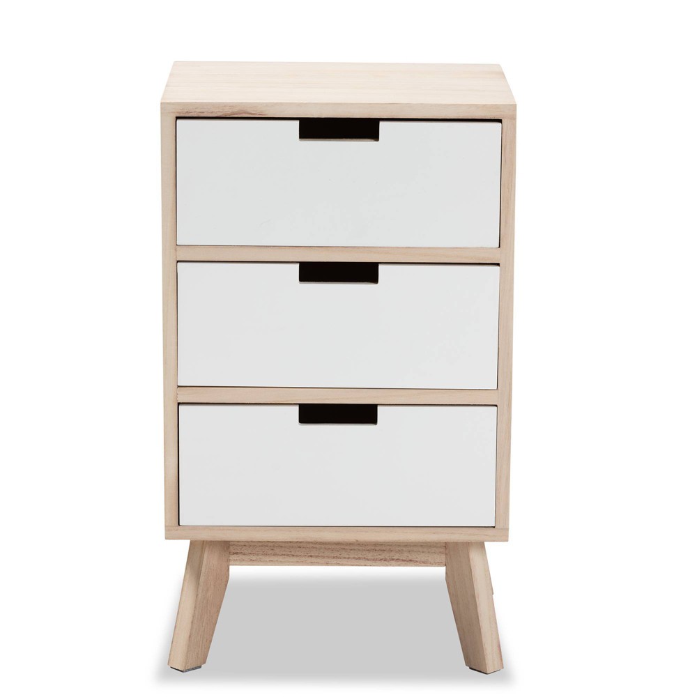 Photos - Storage Сabinet Halian Two-Tone Wood 3 Drawer Nightstand White/Light Brown - Baxton Studio