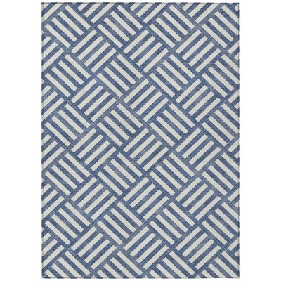 Navy Blue And Ivory Geometric Washable Indoor Outdoor Area Rug