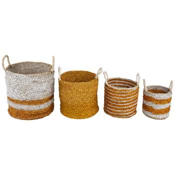 Northlight Set of 4 Striped Woven Seagrass Round Baskets with Handles 13.5"