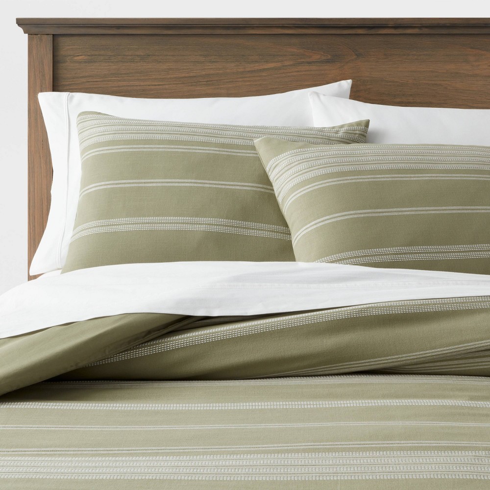 Photos - Bed Linen Full/Queen Cotton Woven Stripe Duvet Cover & Sham Set Moss Green/White - T