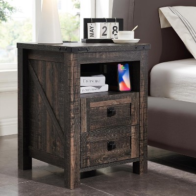 Farmhouse Nightstand wtih Charging Station, 18" End Table Side Table with 2 Drawers for Bedroom, Living Room