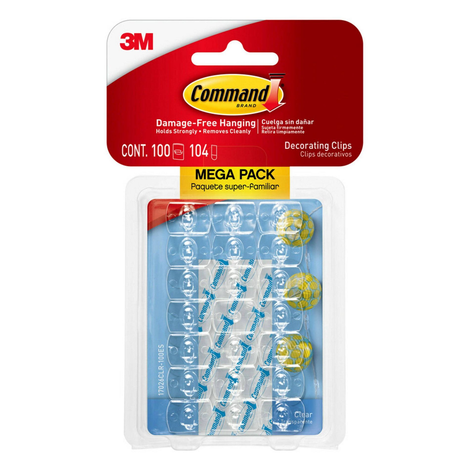 Command Decorating Clips Clear: Plastic Adhesive Hooks, 100 Pack, 0.5" Height, 0.75" Width, Ideal for Light & Cord Bundling