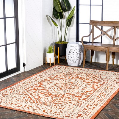 Sinjuri Orange/Cream Medallion Handwoven 9' x 12' Indoor/Outdoor Rug