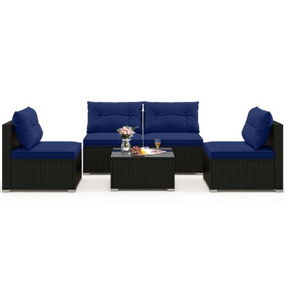 Tangkula 5 PCS Patio Furniture Set w/ Seat & Back Cushions Tempered Glass Tabletop