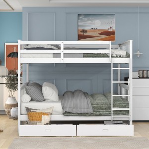 Okak Full-Over-Full Bunk Bed with Ladder 2 Drawers and Safety Guardrail Solid Wood Loft Bunkbeds for Kids, Girls, Boys Easy Assemble, White - 1 of 4