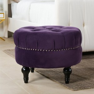 Dawn Tufted Round Ottoman Nailhead Accents, Purple Velvet - 1 of 1
